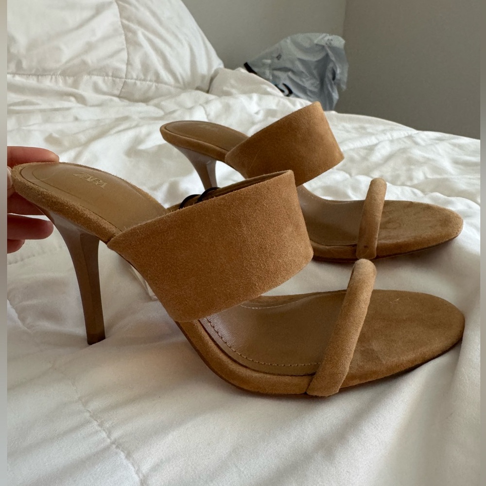 Zara Tan Leather Sandal Heels (NEVER WORN)